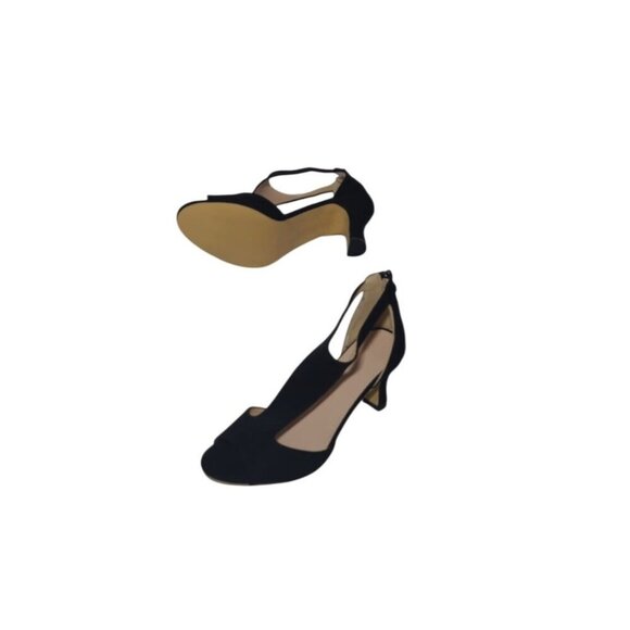 Women's black open toe mid heel sandals with zipper closure and cut out design. - Picture 9 of 9